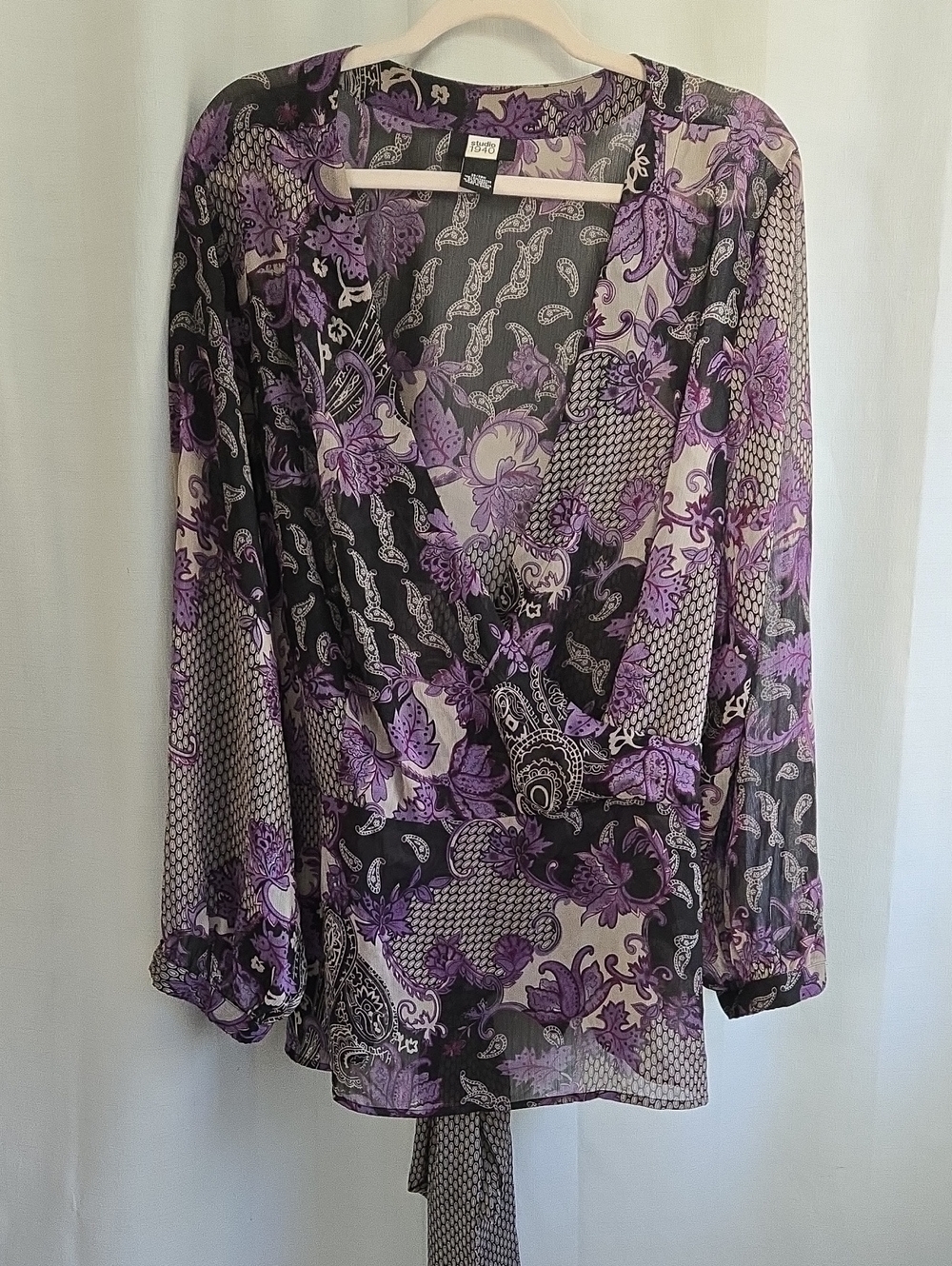 Studio 1940 Purple Black Paisley Floral Sheer Faux Wrap Blouse Top 4X 26/28W
